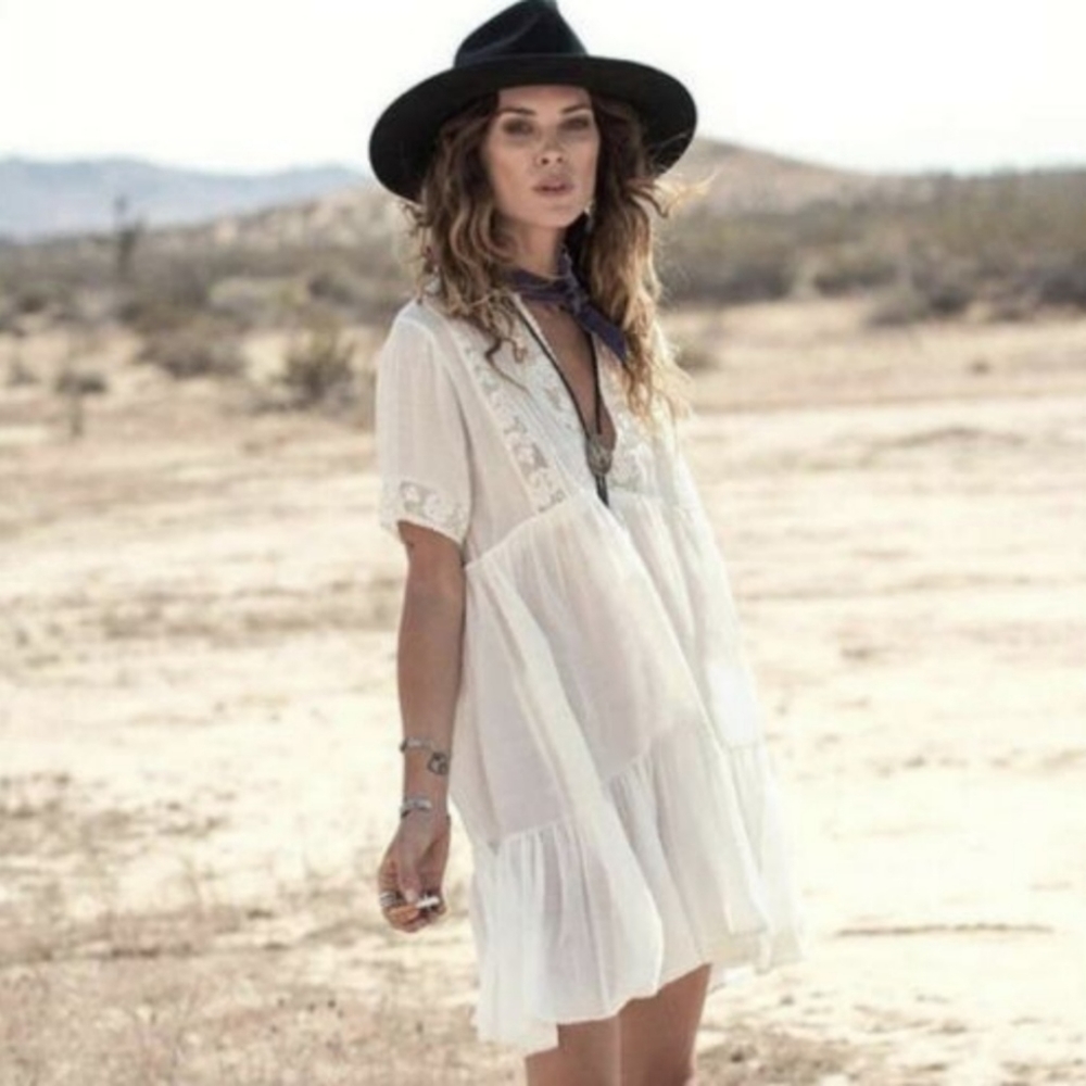 Bohemian White Lace Detail Cotton Tunic Blouse